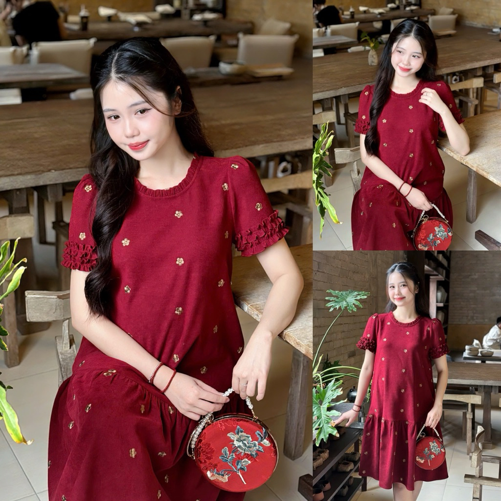 EVERMOM l Gain Tet ชุดคลุมท้องปักดอกไม้แอปริคอทสําหรับงานปาร์ตี้กํามะหยี่สีแดงพร้อมแขนพัฟนัวเนียสําห