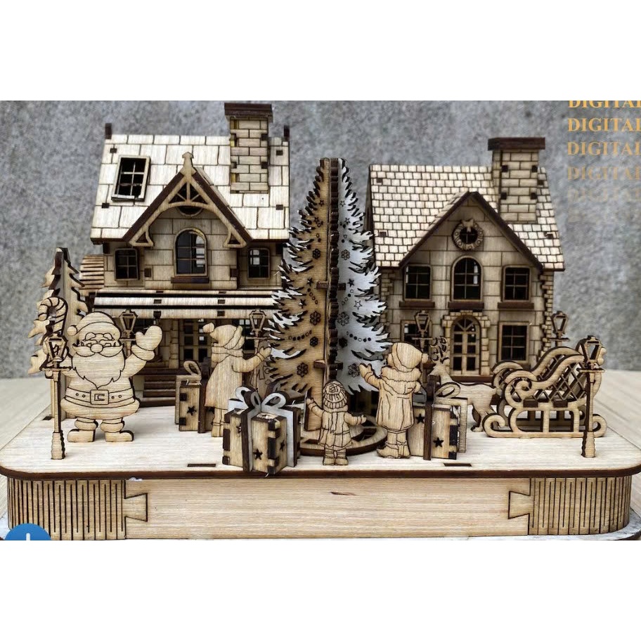 Mô hình nhà gỗ Noel, ông già noel, xe tuần lộc – Décor Giáng Sinh 3D, gỗ plywood 3mm– Trang trí Noel