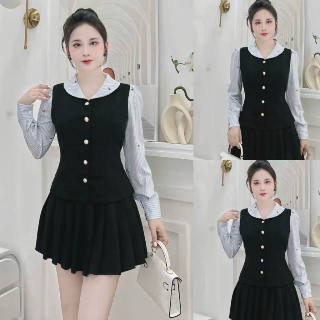 เสื้อ Peplum A108 HTChicHouse – คอปกเปิดลงแขนยาวลายทางสวยเรียบหรูและเป็นผู้หญิง (ไม่รวมกางเกง/CV)