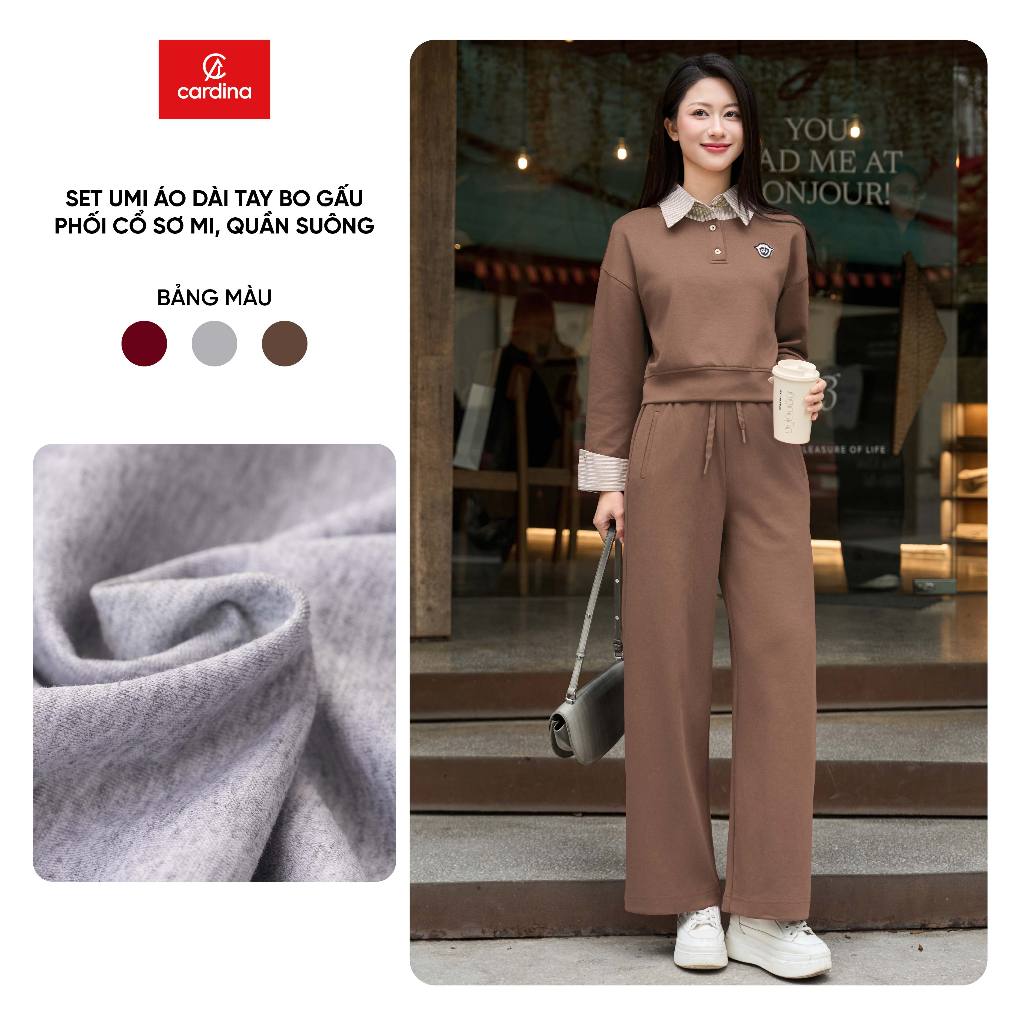 ชุดผู้หญิง CARDINA ผ้า umi เสื้อแขนยาวคอปกและกางเกงเอวยางยืด 5ANF37, 5QDT37