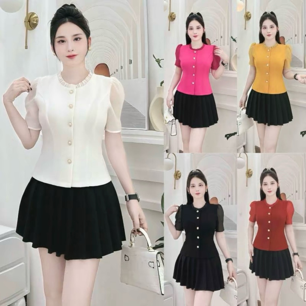 เสื้อ Peplum A88 HT Chic House – คอกลมจับจีบสวย แขนสั้นเรียบหรู แบบผู้หญิง