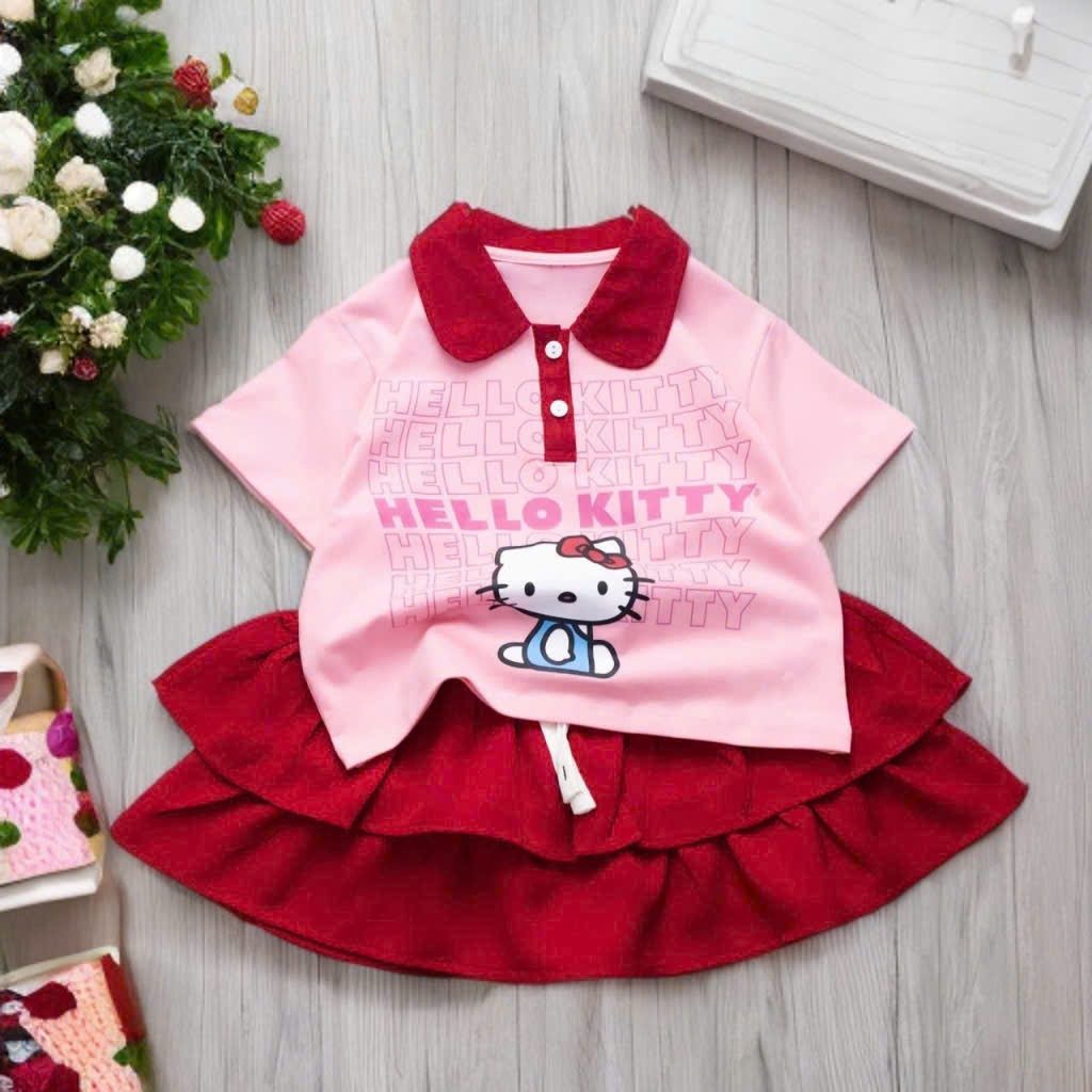 10KG - 60KG HELLO KITTY ชุดกระโปรงคอเต่า 2 ชั้นสําหรับเด็กผู้หญิงทําจากกระโปรงผ้าแท้หนานุ่มพร้อมชิป
