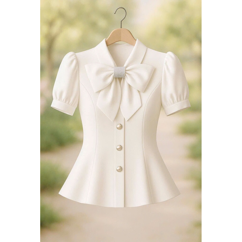 CUTE BOW TIE OFFICE SHIRT, LUXURY, SHORT SLEEVES, COTTON FABRIC CT076