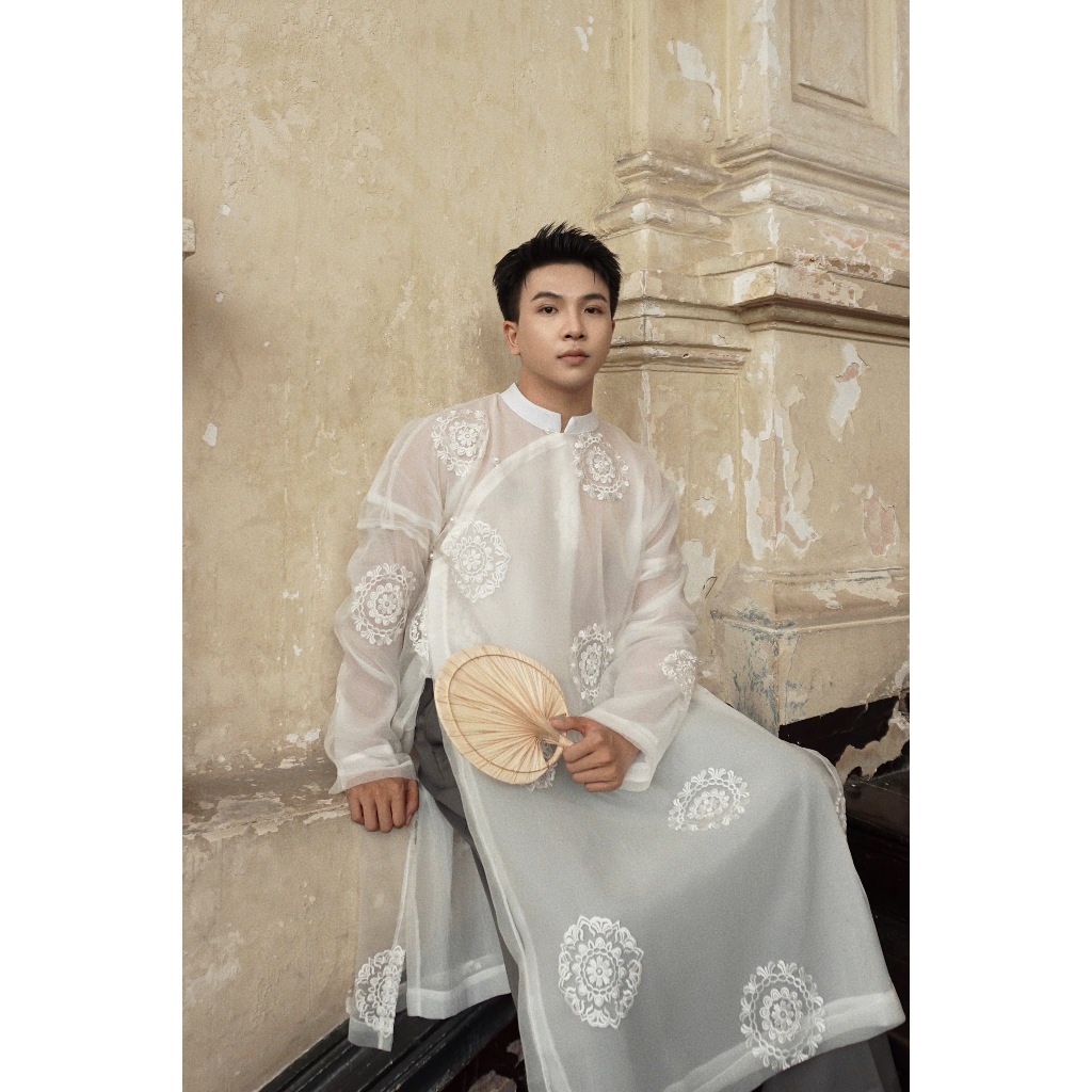 ผู้ชาย 2 ชั้น ao dai ทําจากผ้าชีฟองไหมปักวงกลม BIG SIZE 110kg (PANT NOTUDE INCLD)