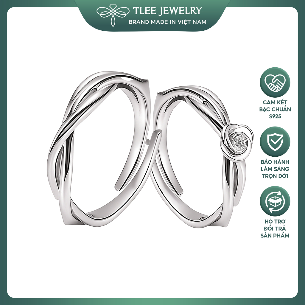 TLEE แหวนคู่รักสีเงินฟรีไซส์พร้อมก้านกุหลาบหนามและกิ่งไม้ดอกไม้ไขว้ หวานและโรแมนติก TLEE JEWELRY ND0