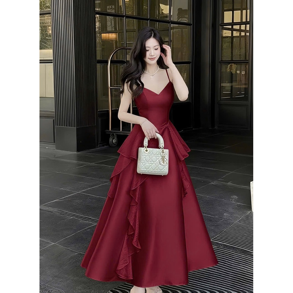 BECHIC Tafta ชุดเทียนผ้าไหม Ruffles Maxi 2-String V คอชุดราตรีหรูหรา
