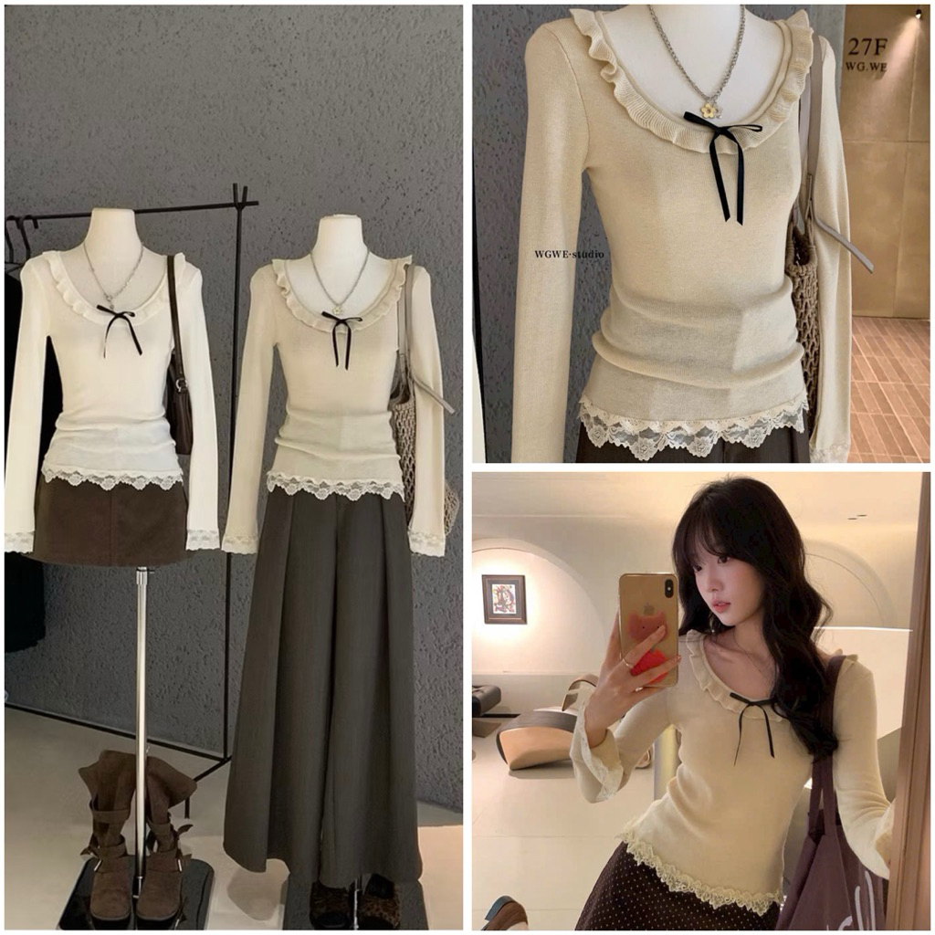 Emily Store  WGWE ~ เสื้อสเวตเตอร์โบว์ลูกไม้ (สินค้า wgwe มาตรฐาน)