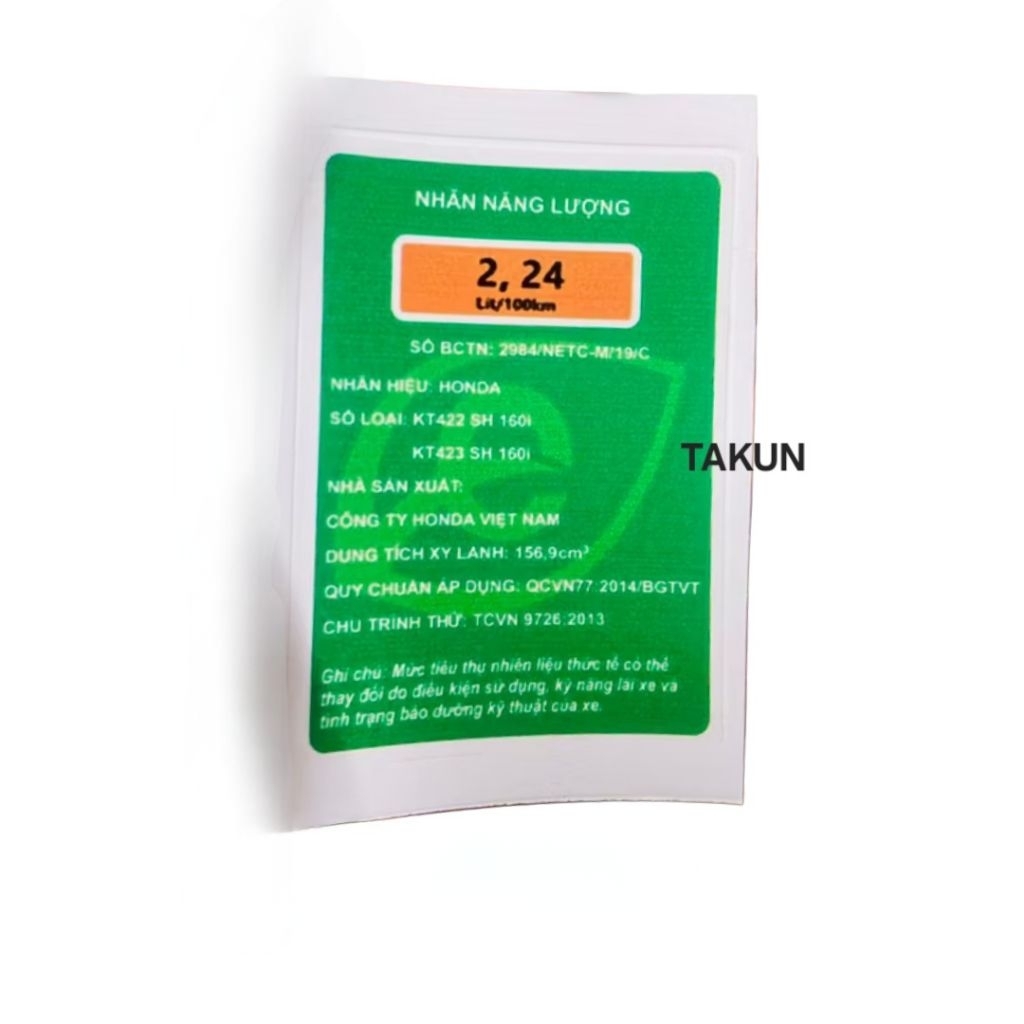 แสตมป์สีเขียวพร้อมพารามิเตอร์พลังงานสําหรับ SH 160i (KT422 SH160i, KT423 SH 160i)...