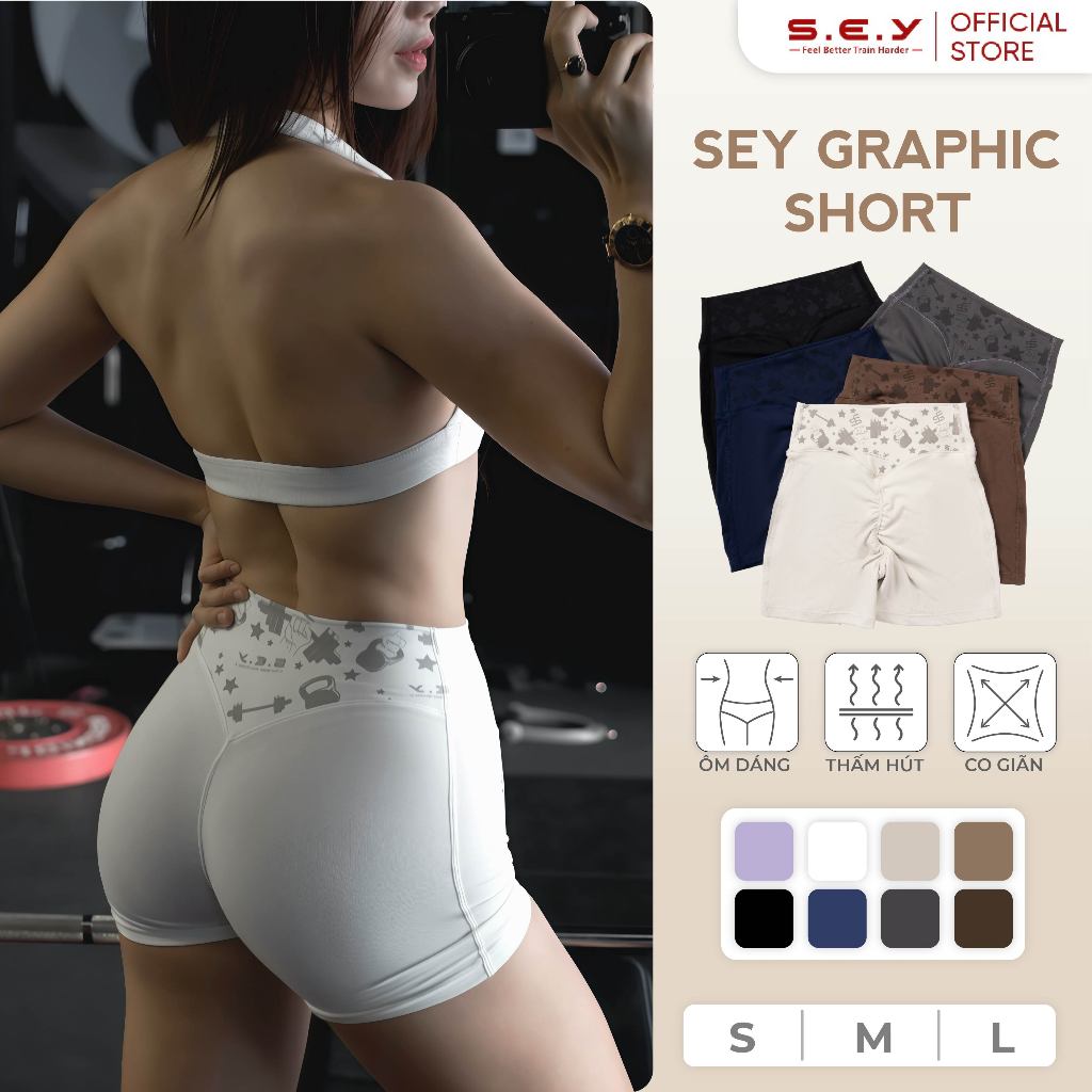 SEY Graphic SHORT GYM กางเกงกีฬา, กางเกงยิมสตรี, เสื้อผ้ายิมสตรี, วัสดุคุณภาพสูง
