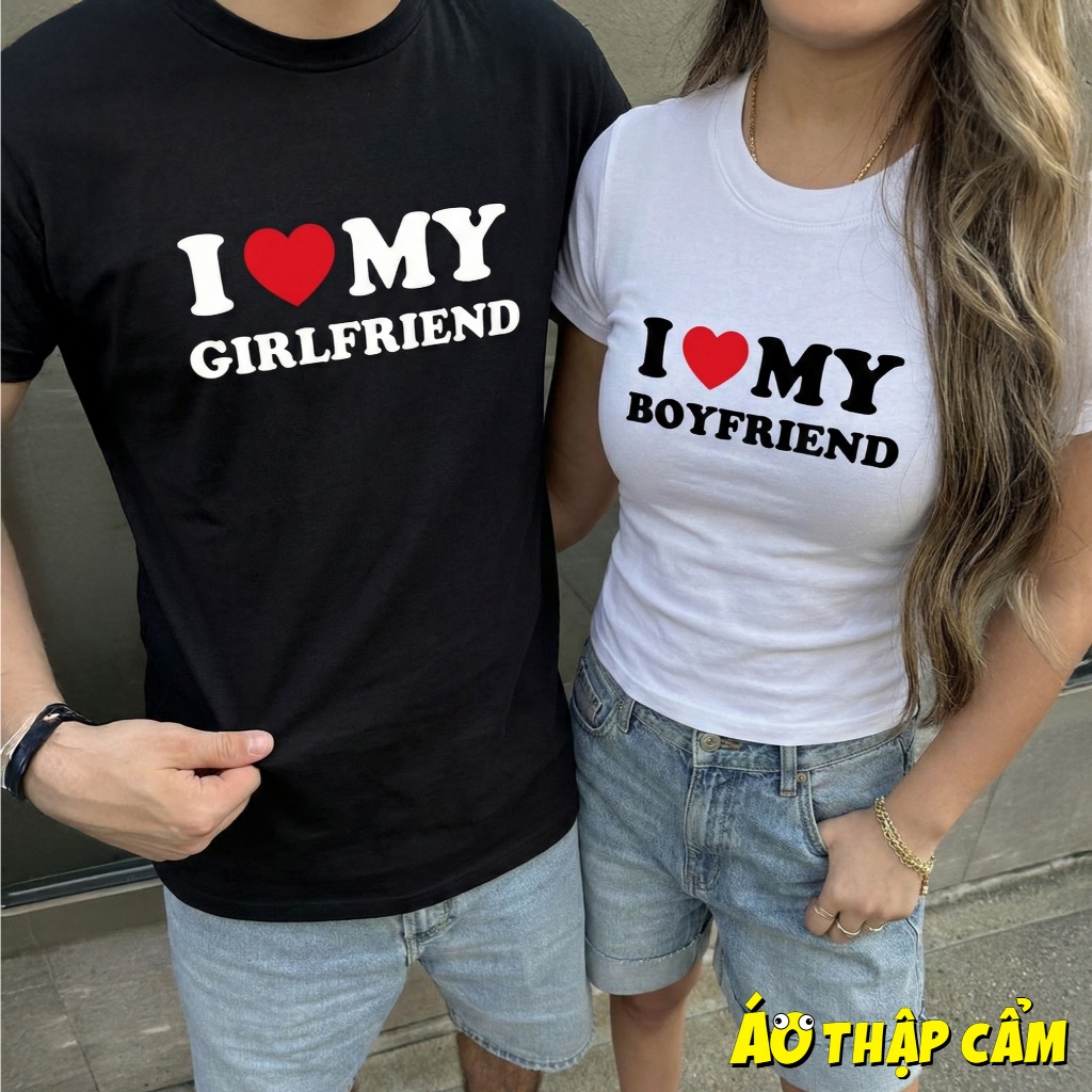 [เกรดพรีเมียม] เสื้อยืด Baby Tee เสื้อยืดผู้หญิง I Love My Boyfriend Girlfriend คอตตอน 250Gsm สายฝอ