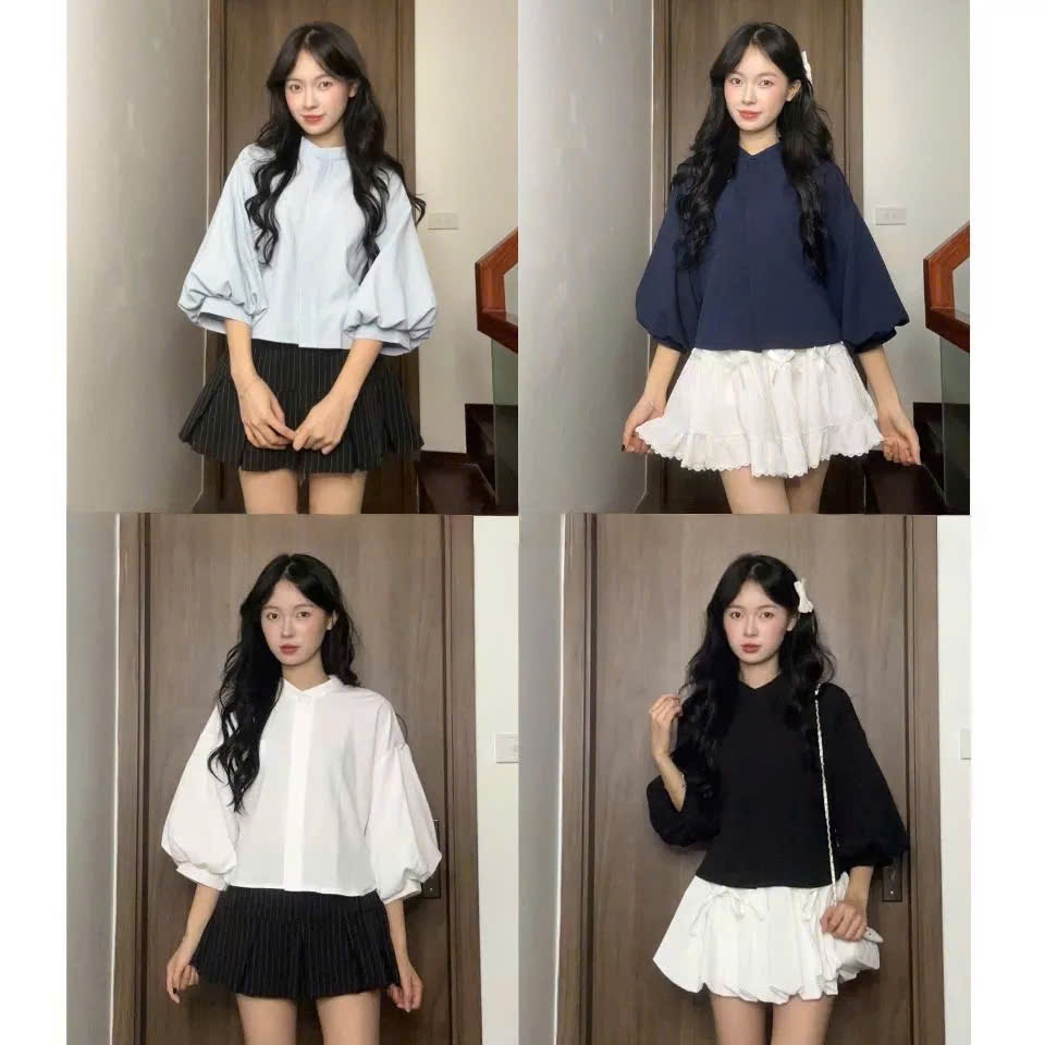 เสื้อเชิ้ตผู้หญิง A.789 เสื้อครอปคอกลมแขนพองและโบว์เอว กระเป๋าหน้าอกพื้นฐาน ร่วมง่าย LAM TU MA789