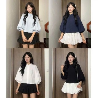 Áo sơ mi nữ A.789, Áo sơ mi cổ tròn dáng croptop tay bồng lửng phối nơ eo, túi ngực basic, dễ phối đồ 20 THÁNG NĂM MA789