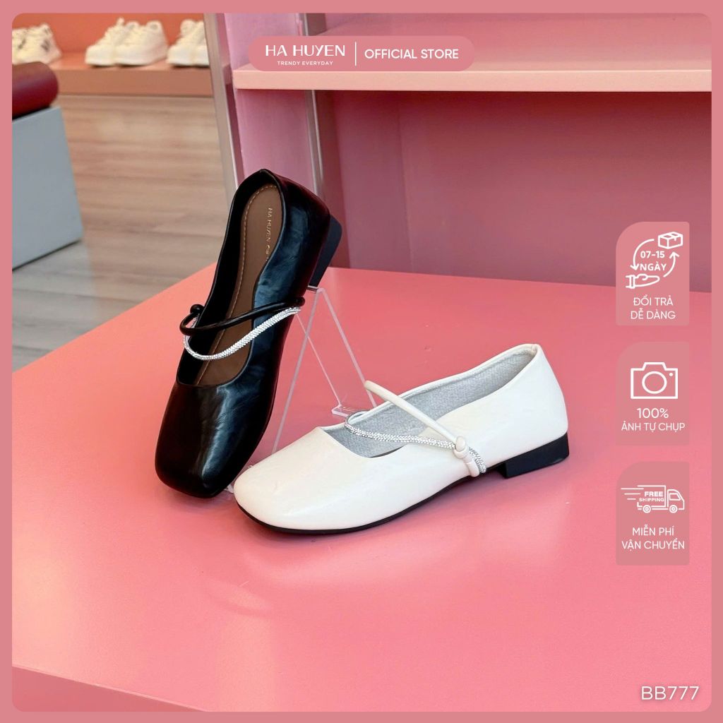 ฮ่า เฮ้ รองเท้าส้นแบนตุ๊กตาผู้หญิงหนังด้านสายหินแนวนอนส้นผูกปมสูง 1 ซม. - BB777