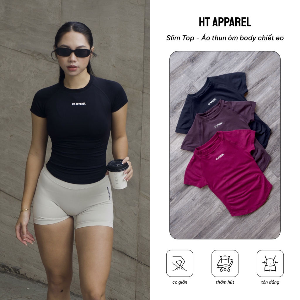 HT Apparel Slim Top Gym Shirt - Gym, Yoga Shirt Baby Tee & Body Fit กางเกงขาสั้นถัก, ยืด 4-Way