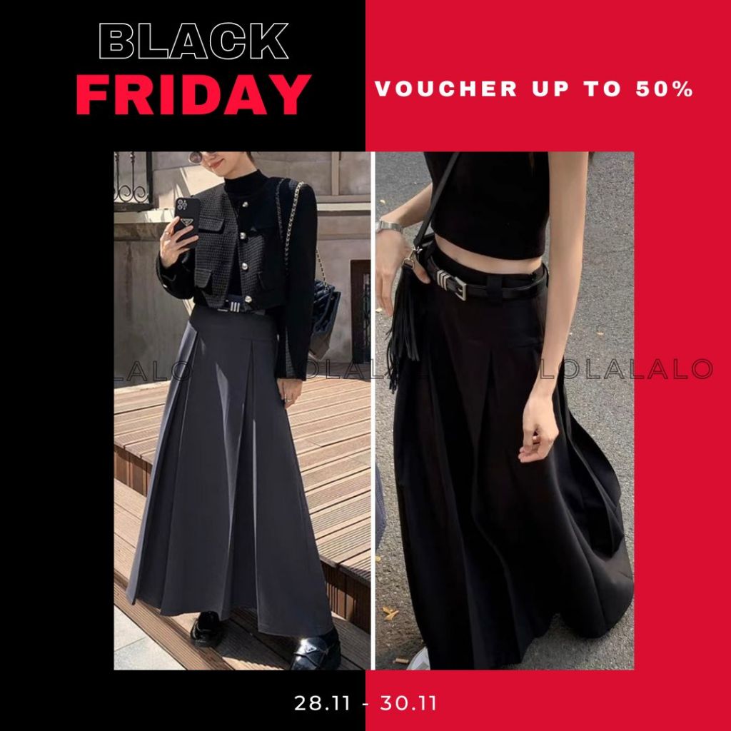 (Express) กระโปรงออลจังจีบทรงเอยาว สีดํา/เทา พร้อมเข็มขัด อินเทรนด์ y2k Lolalalo