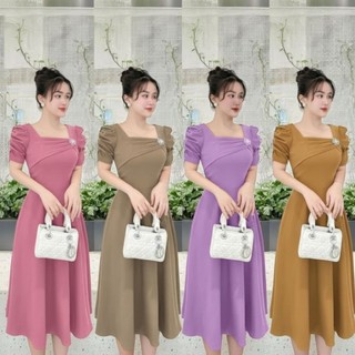 A10 Đầm Váy Nữ 8 Màu Bigsize Đi Tiệc Cổ Vuông Xếp Ly Ngực Đính Tag Đá Rời Tay Phồng Vải Cotton Lạnh Size M L XL XXL