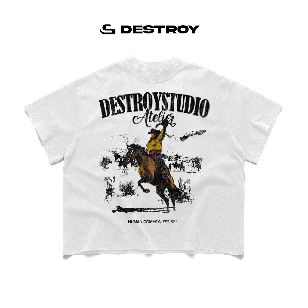 แบรนด์ท้องถิ่น DESTROY STUDIO Human Common Sense เสื้อยืด - เสื้อยืด Boxy หลวม Unisex 250Gsm Cotton