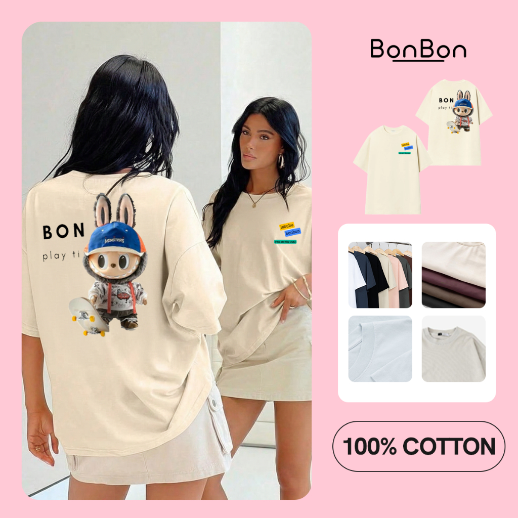 เสื้อยืด Labubu ทรงหลวม unisex ผ้าคอตตอน 100% 250gsm เท่ๆ ยืด 2 ทาง - AH2538