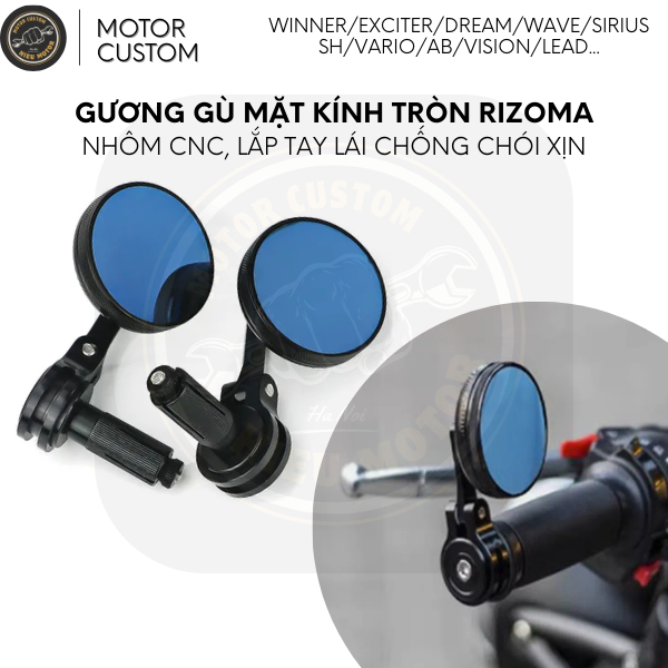 กระจกหลังค่อม Rizoma พร้อมกระจกทรงกลมและแฮนด์ป้องกันแสงสะท้อนของแท้