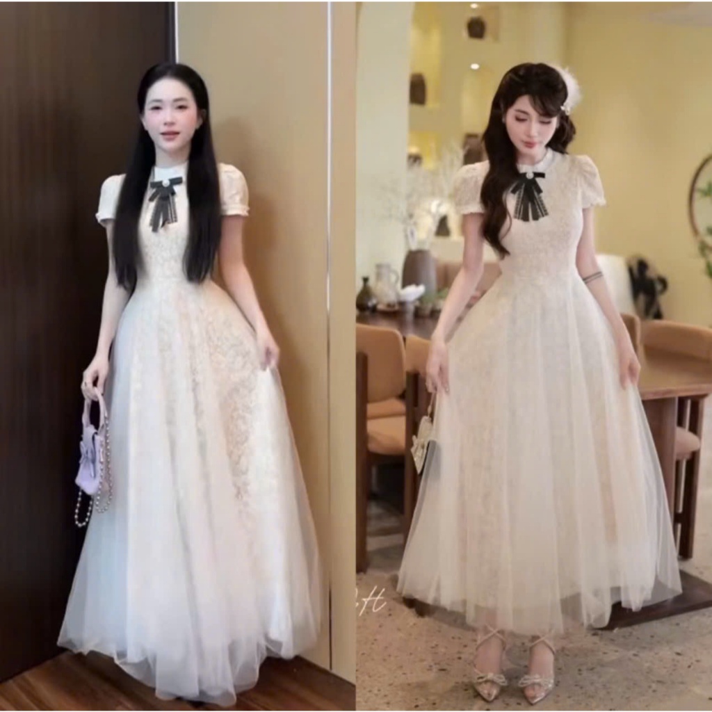 เดรสยาว - MAXI LONG DRESS WITH LEGS NOTE > M6. ชุดเดรสลูกไม้ตาข่าย 2 ชั้นสําหรับผู้หญิงคอกลมแขนสั้นและโบว์บาน