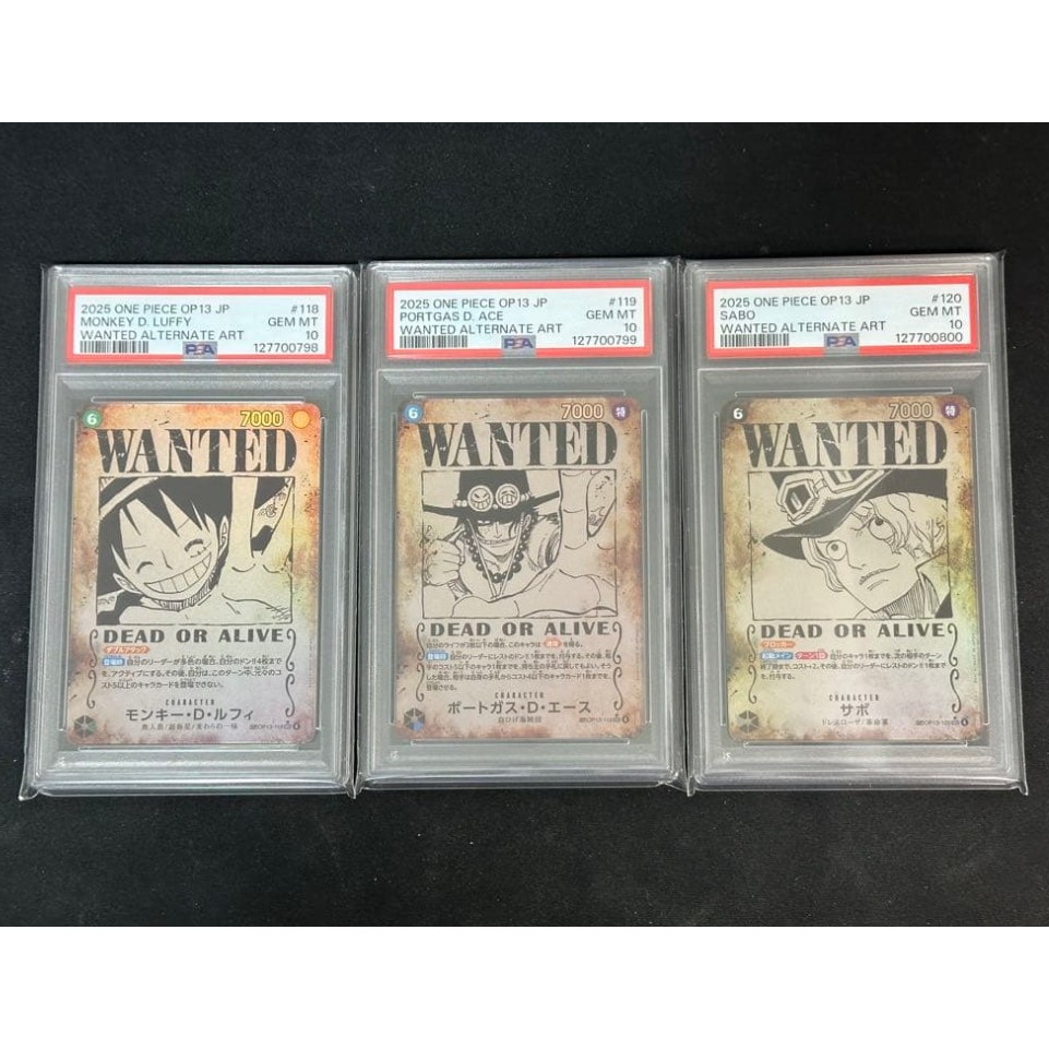 Com 3 PSA10 อัญมณี Mint การ์ด Serial Number Wanted โปสเตอร์ Will Luffy Ace Sabo SP Nf38 38-3