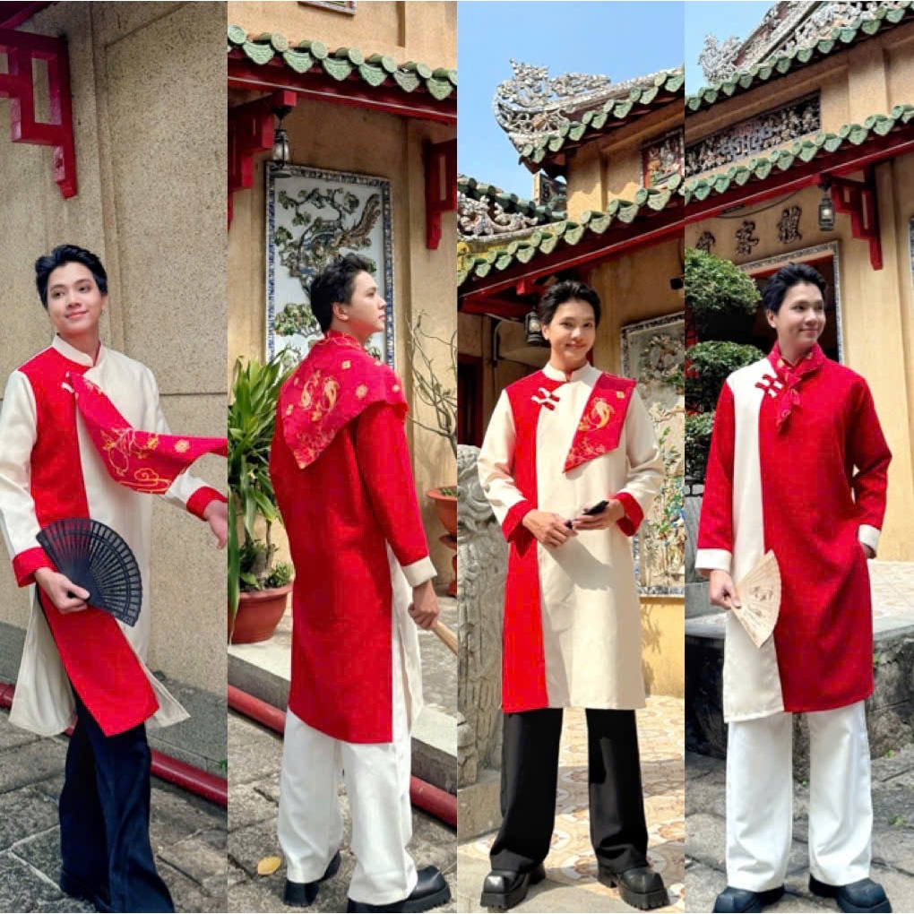 Mens Ao Dai "Minh Xuan Ngu Puc" ผสมสี 2 สี ฟรีผ้าพันคอ Five-Bless Mr Smile 99 AD07