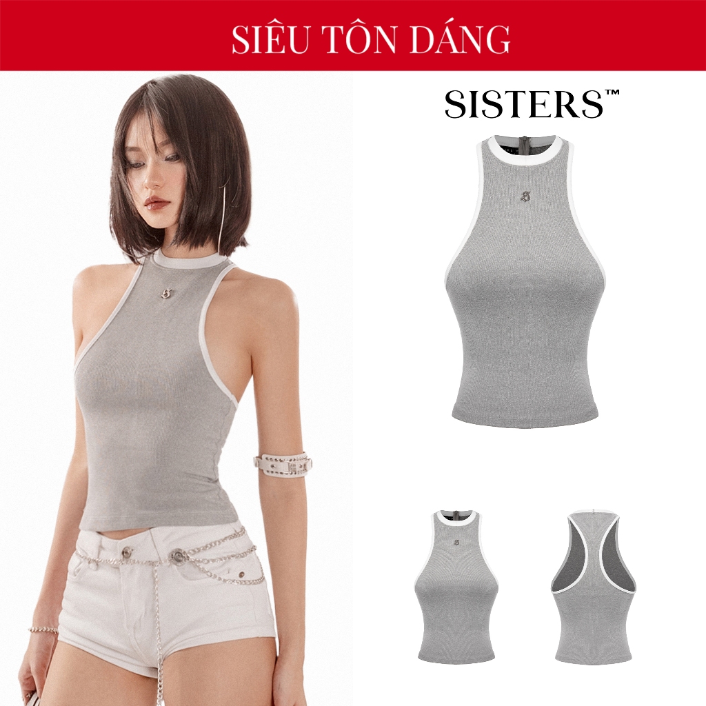 SISTERS Fencii bodycon เสื้อ 2 สายพร้อมนักแข่งคอสูง หลังตัดเย้ายวน ผ้าจั๊มยืดสีเทา| SS24-T16-X
