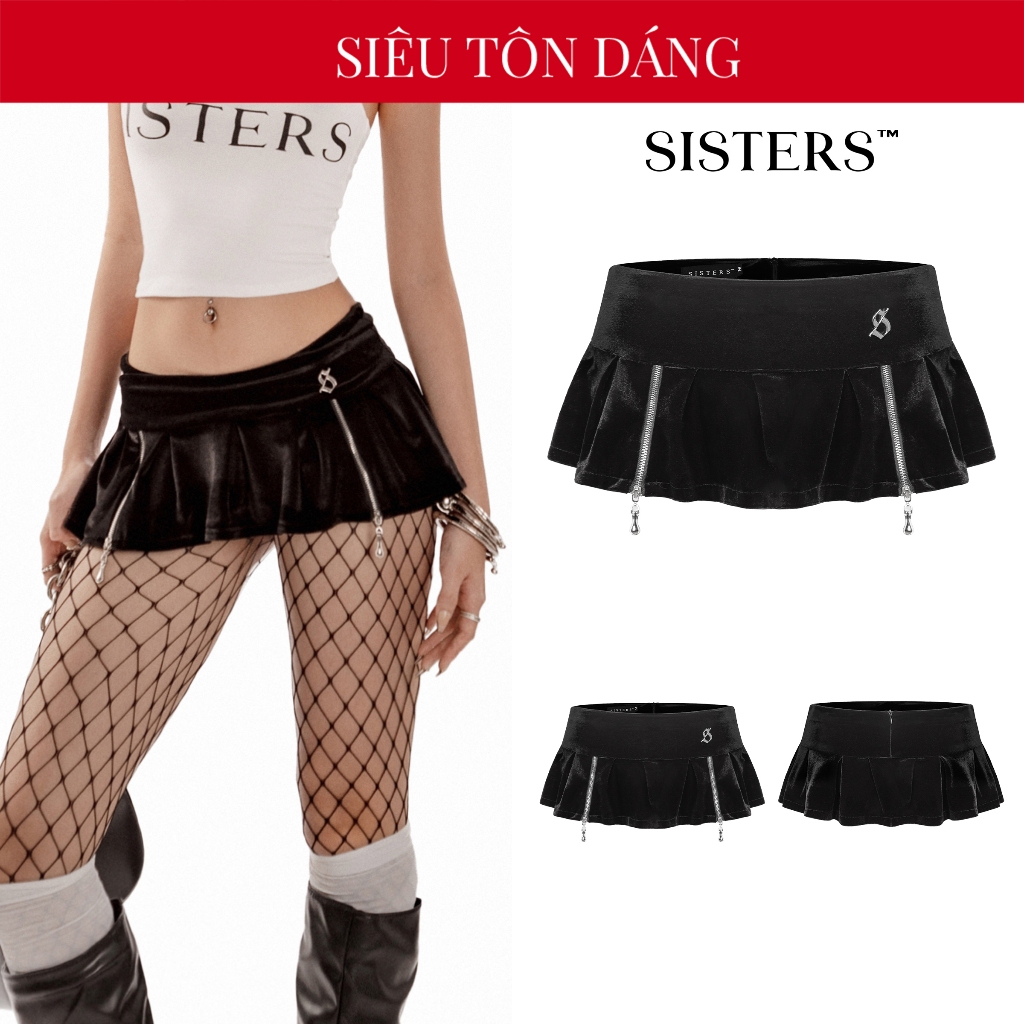 SISTERS กระโปรงสั้นจับจีบ กํามะหยี่ นุ่ม ยืด ทรงเข้ารูป ดีไซน์ซิปผ่าแบนสุด Pretty Black| SS24-V1
