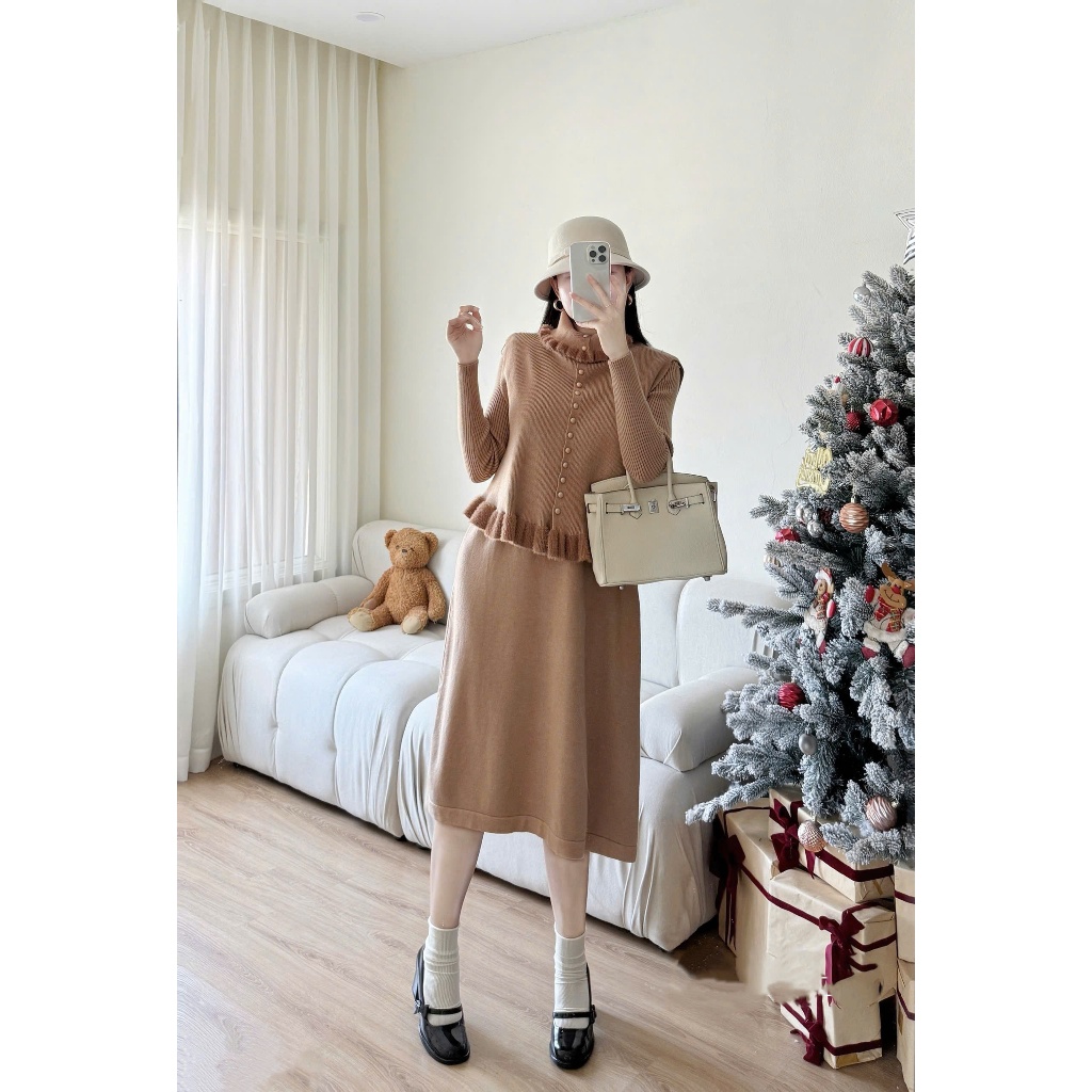 [Mina clothing] TH29 เดรสผ้าวูลกระดุมขน Set รวมเดรสไหมพรม babydoll คอเต่า 1 ตัว + เสื้อกันหนาวคนท้อง