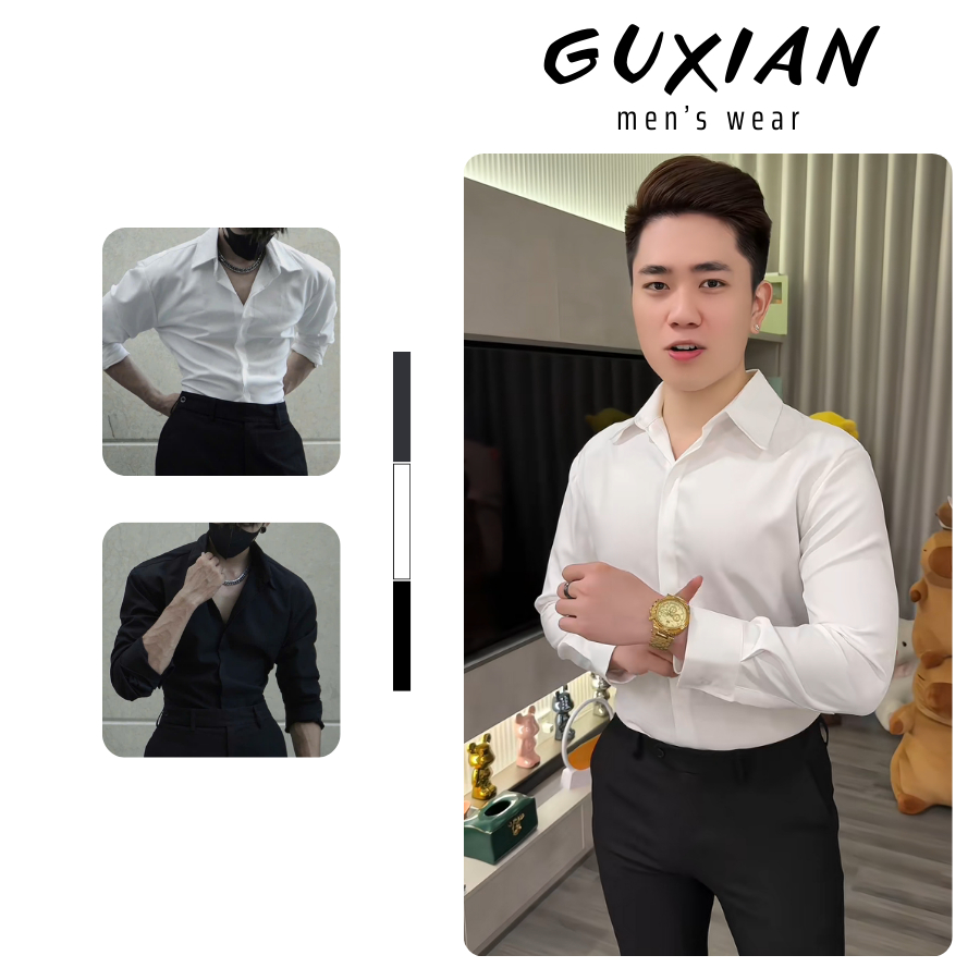 GUXIAN Hack Shoulder Long Sleeve Mens Shirt, Super Cool Hack Shoulder Cushion Shirt ทําจากผ้าไหมมะม่