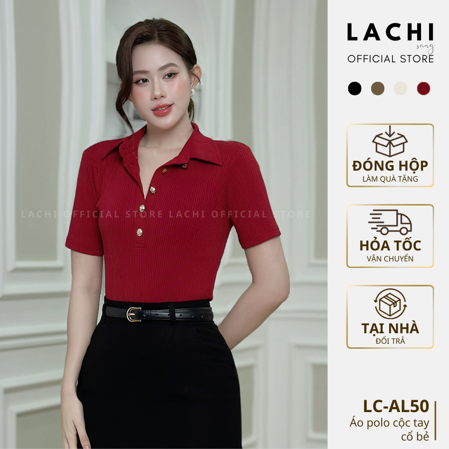 [GIVE SILK SCARF] LACHI office เสื้อยืดผู้หญิงคอปกโปโลและปุ่มทองแดงทําจากยางยืดนุ่มและยืดคุณภาพสูง L