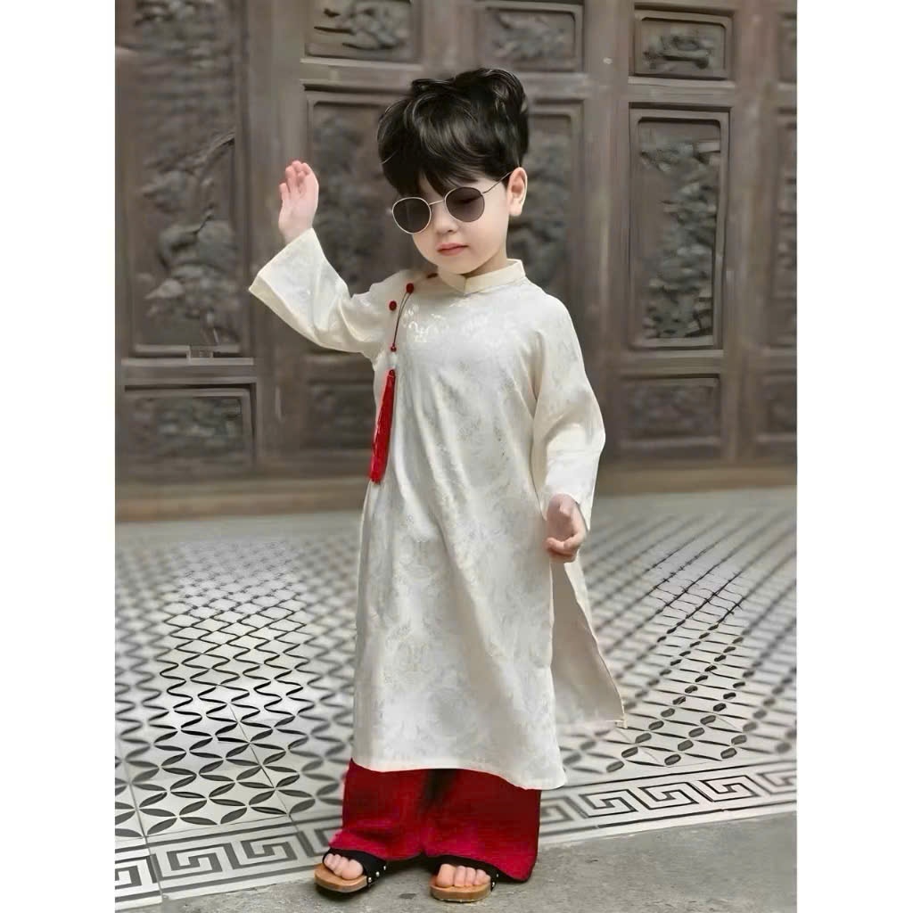 Renovated Ao Dai สําหรับเด็กผู้ชายที่มีค้างคาวผ้าคุณภาพสูง รูปที่ 5