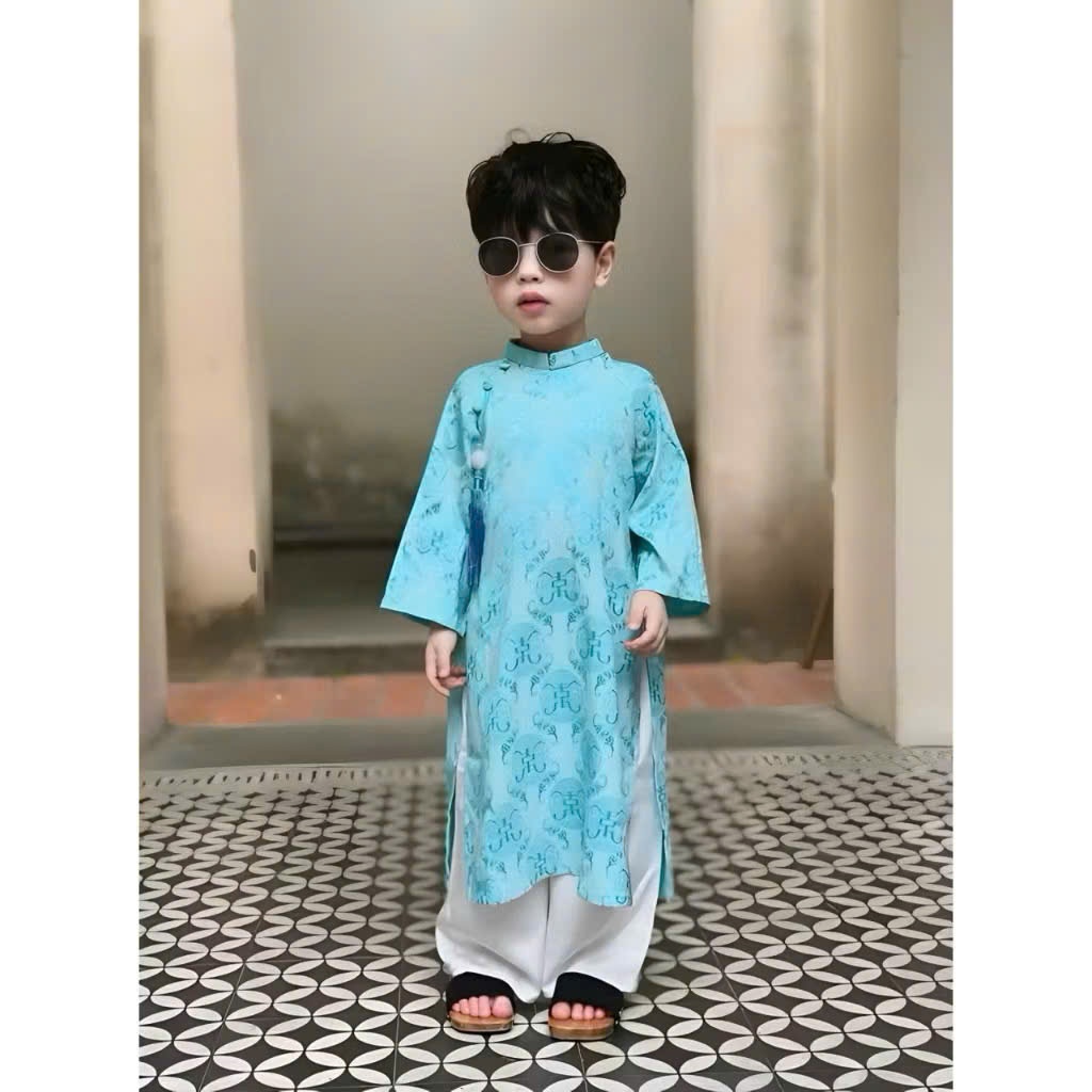 Renovated Ao Dai สําหรับเด็กผู้ชายที่มีค้างคาวผ้าคุณภาพสูง รูปที่ 3