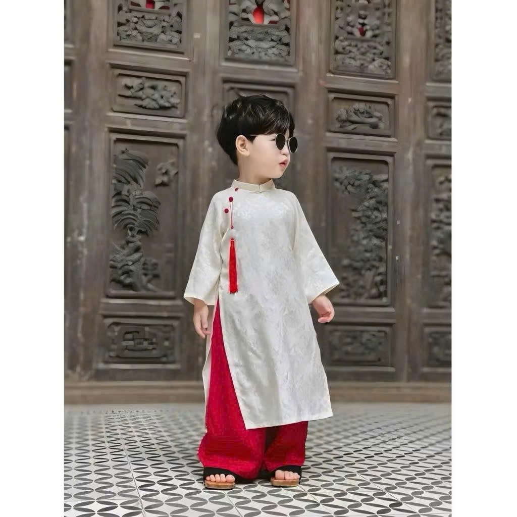 Renovated Ao Dai สําหรับเด็กผู้ชายที่มีค้างคาวผ้าคุณภาพสูง รูปที่ 8