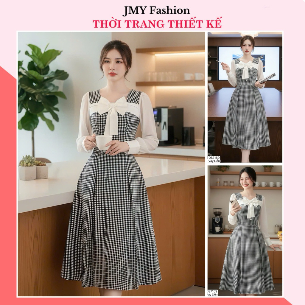 DS7159 เดรสลายสก๊อตขาวดําแขนยาว คอเหลี่ยม อกโบว์ [Dolce Viva Collection (DVC)]