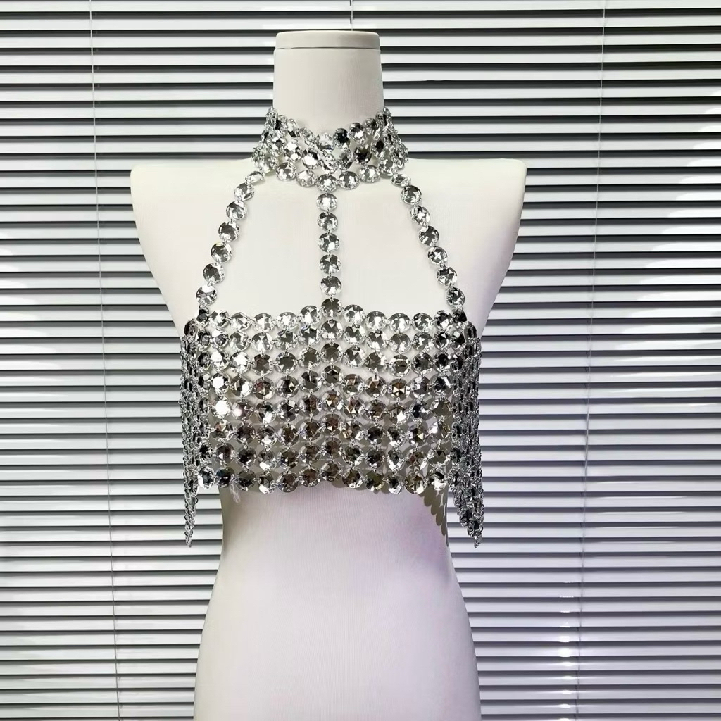 150 - Rhinestone ลูกปัดตาข่าย Top Camisole Bling Bling เซ็กซี่ Body Slay พู่ Dj Rhinestone โครเชต์ T