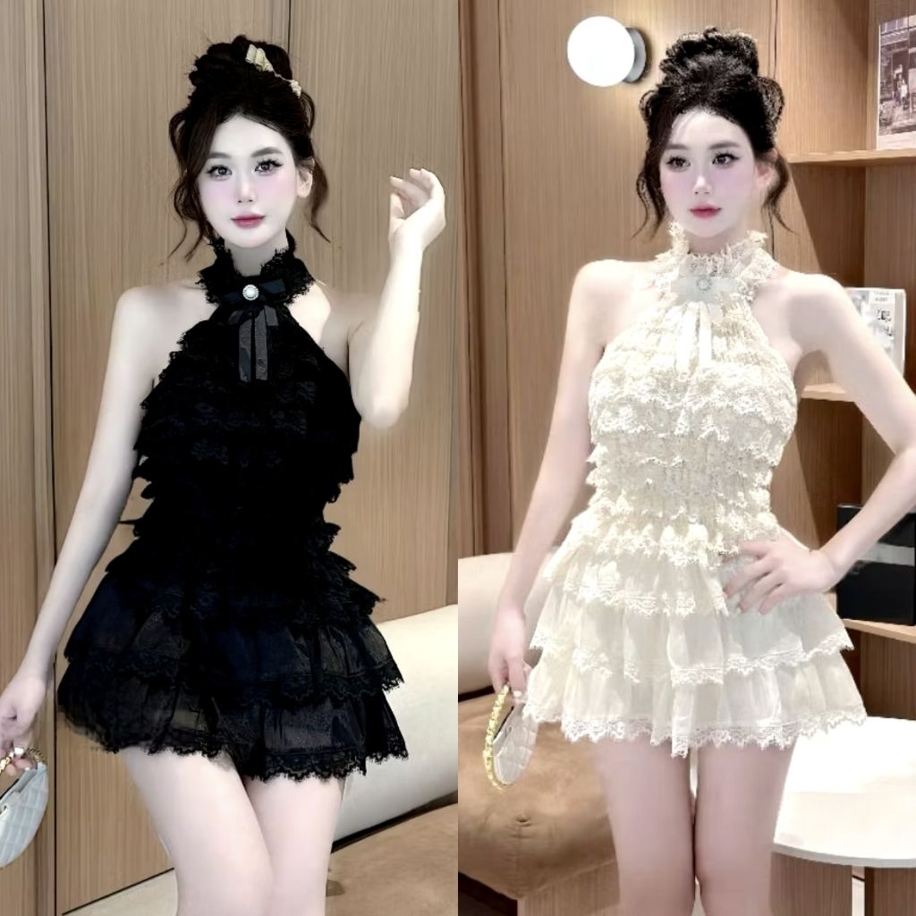 ชุดชีฟองลูกไม้เร้าใจ-เสื้อสายเดี่ยวคอปกแหลมพร้อมปกโบว์และกระโปรงบาน-เซ็กซี่ ข โอดีคอน สั้น GTN ผู้หญ