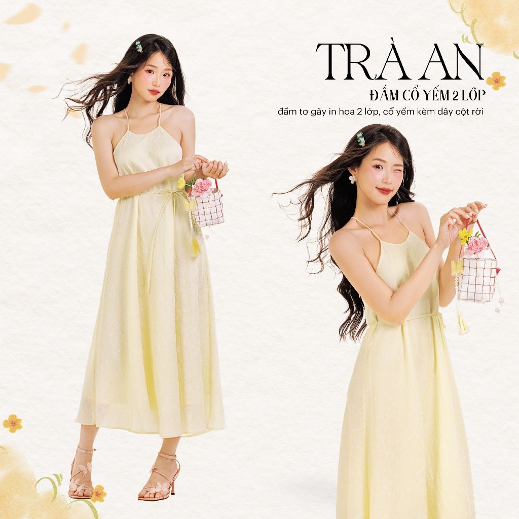 [Ho Chi Minh City] Summire Store Tra An เดรสคล้องคอคล้องคอ 2 ข้าง ทรงบาน มีซับในเต็มตัวและคาดเอว