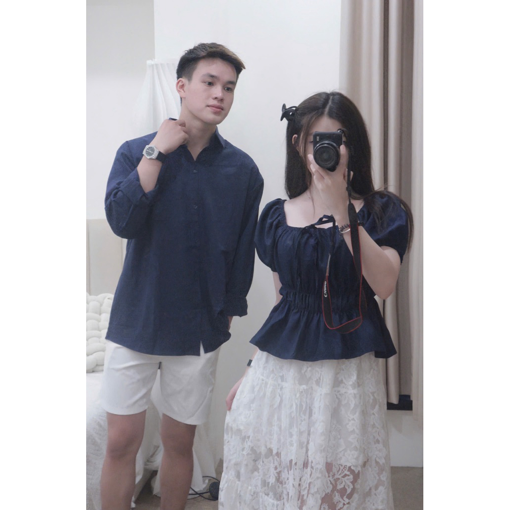 ชุดคู่ เสื้อปาดไหล่คอเหลี่ยมผู้หญิง + เสื้อเชิ้ตผู้ชายวัสดุเดียวกัน - รูปที่ 3