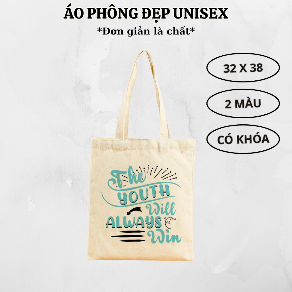 กระเป๋าผ้าแคนวาสผู้หญิง "YOTH Will ALWAYS Win" – กระเป๋าผ้าแคนวาสซิปสะดวก 32x38cm
