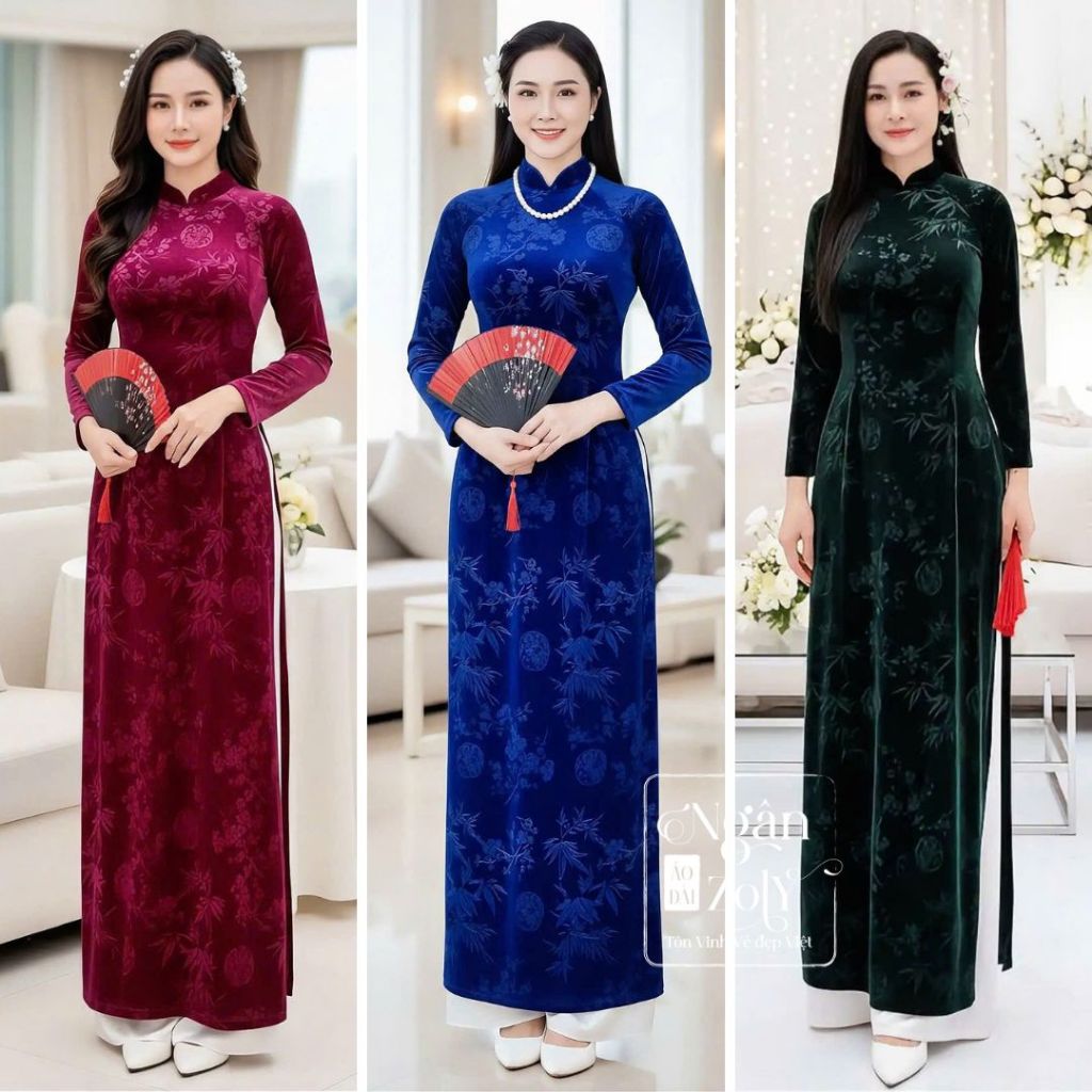 กํามะหยี่ลายดอกไม้คุณภาพสูงหรูหรา ao dai คอปกสูง 3 ซม. และแขนยาววัยกลางคน ao dai ให้แม่ปาร์ตี้