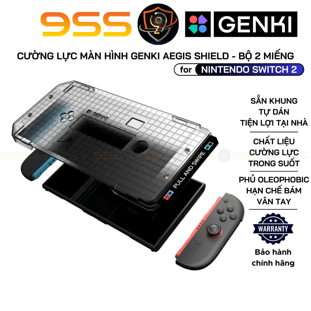 [SELF-ADHESIVE FRAME] กระจกนิรภัย Genki สําหรับ Nintendo Switch 2, โล่ Aegis, ชุด 2 ชิ้น, ลายนิ้วมือ
