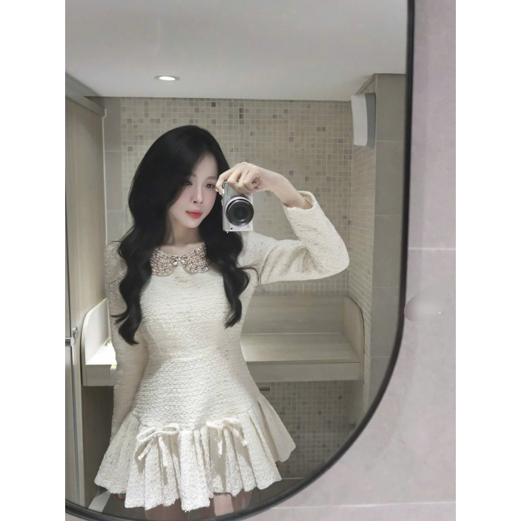 ชุดราตรีจับจีบน่ารักคอปกลูกปัด -aHV44