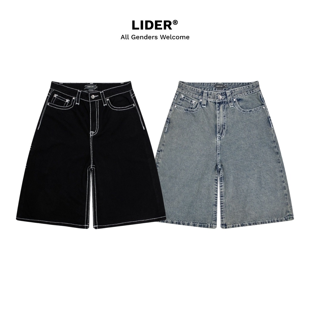 LIDER CARPENTER DENIM SHORTS กางเกงยีนส์ขาสั้นขากว้างปักลายรูปตัว L