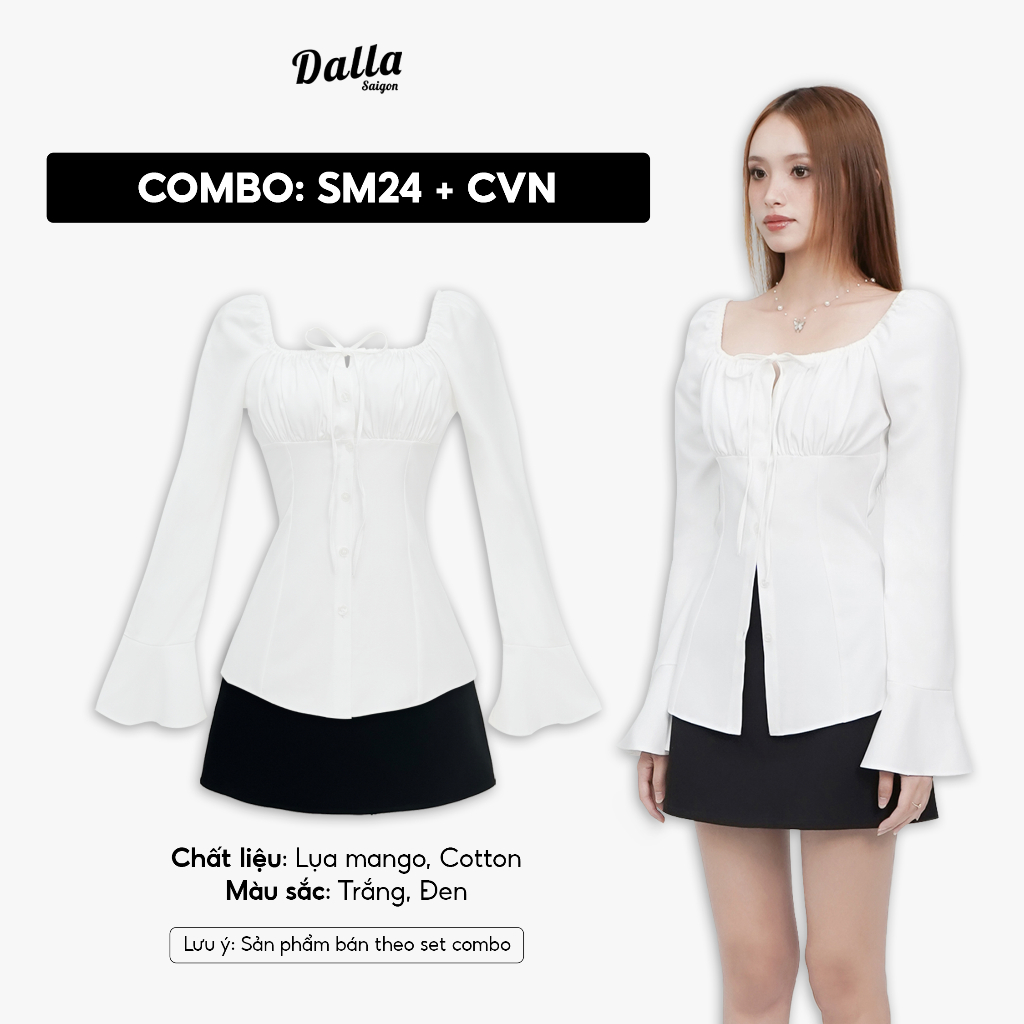 Combo เสื้อคอเหลี่ยมแขนบาน & กระโปรงทรงเอ (SM24+CVN)