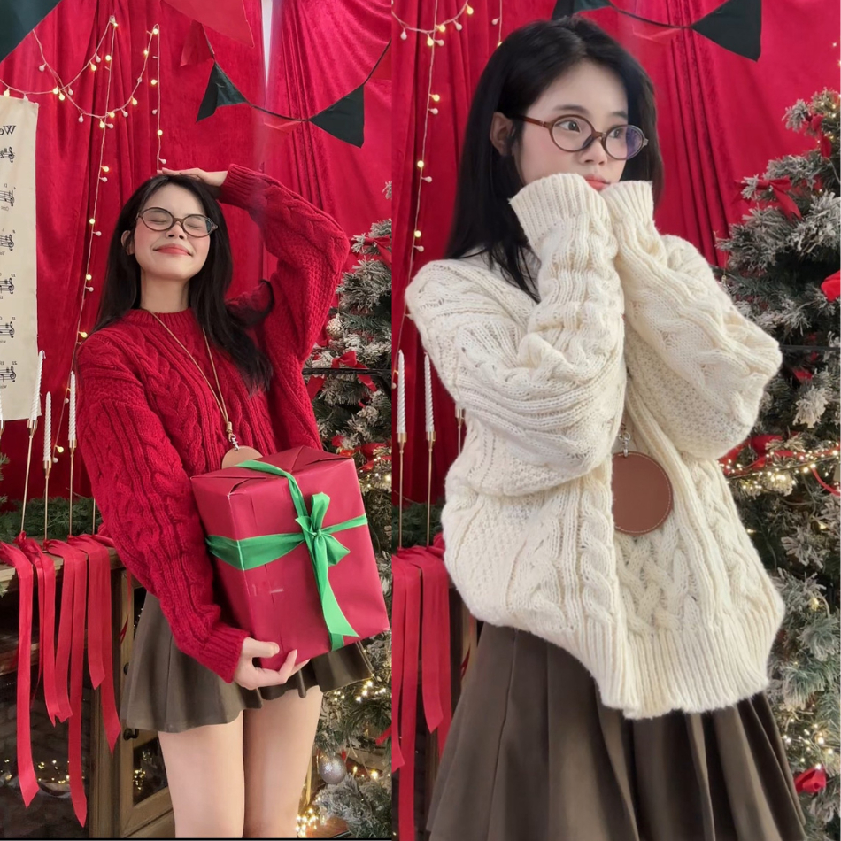 Doria Aolen1521_P8K3 เสื้อสเวตเตอร์เชือกทรงหลวมทําจากขนสัตว์หนา