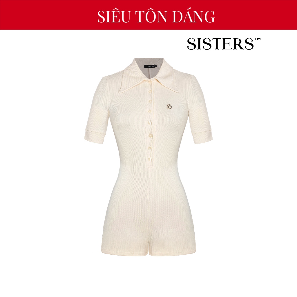 SISTERS จั๊มสูทขาสั้นผู้หญิงคอปกเปิดลง โปโลจั๊มยืด สีเข้ารูปเซ็กซี่ คามิลลา ครีม | SS-J68-K