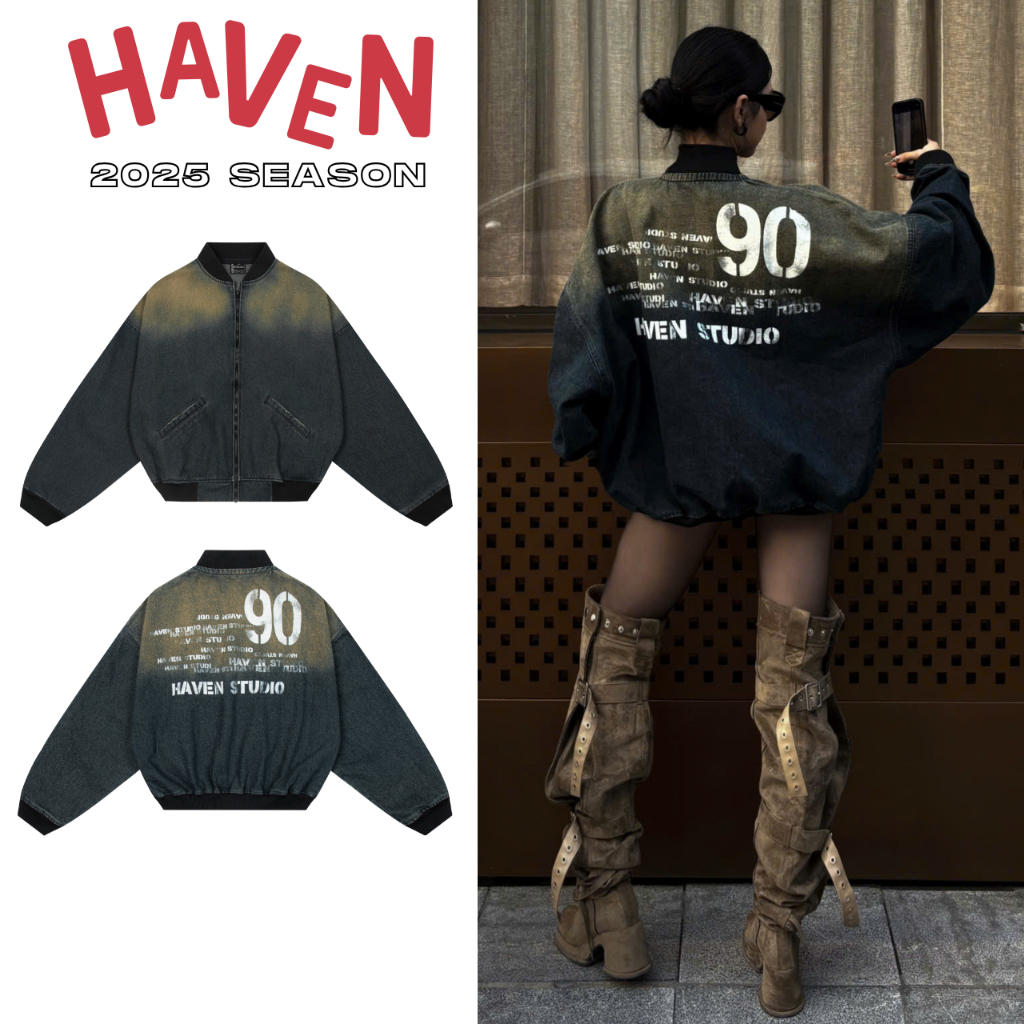Haven Studio กางเกงยีนส์ Bomber Jacket หลวมรูปแบบล้างกางเกงยีนส์สําหรับผู้ชายและผู้หญิง Streetwear ส