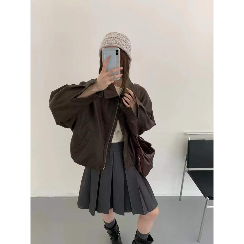 AK266-BOMBER BASIC LEATHER JACKET