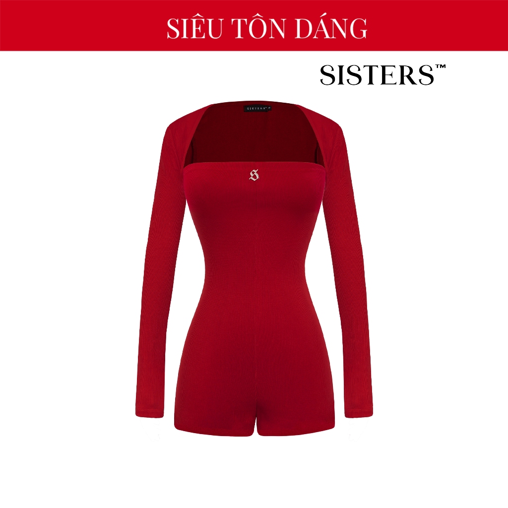 SISTERS จั๊มสูทแขนยาวผู้หญิงคอเหลี่ยมโชว์หน้าอกเซ็กซี่สั้นกระชับสัดส่วนสีแดง Jumene| SS2-J12-DO
